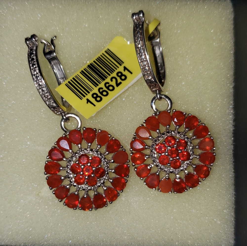 Cherry 🔥 Opal & Diamond Earrings, 925 Silver, Snap Down Closure, NWT